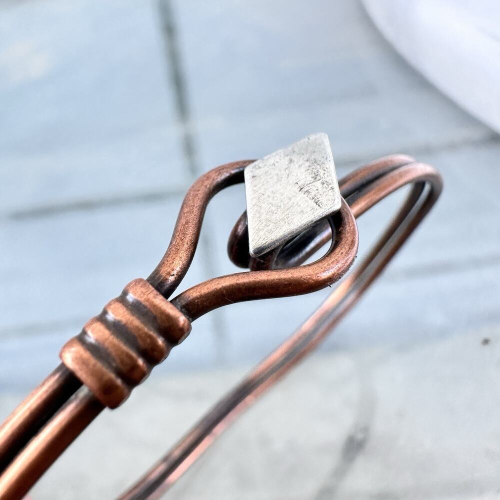 Modernist Copper Bangle Bracelet Sterling Silver Geometric Accent Minimalist